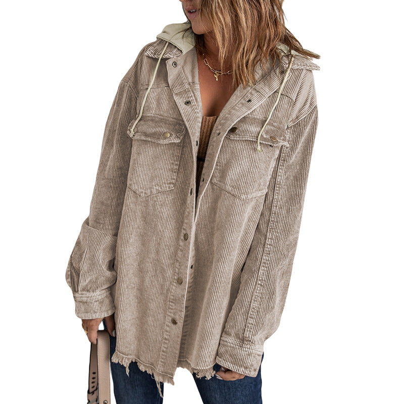 Relaxed Fit Corduroy Hooded Women's Coat