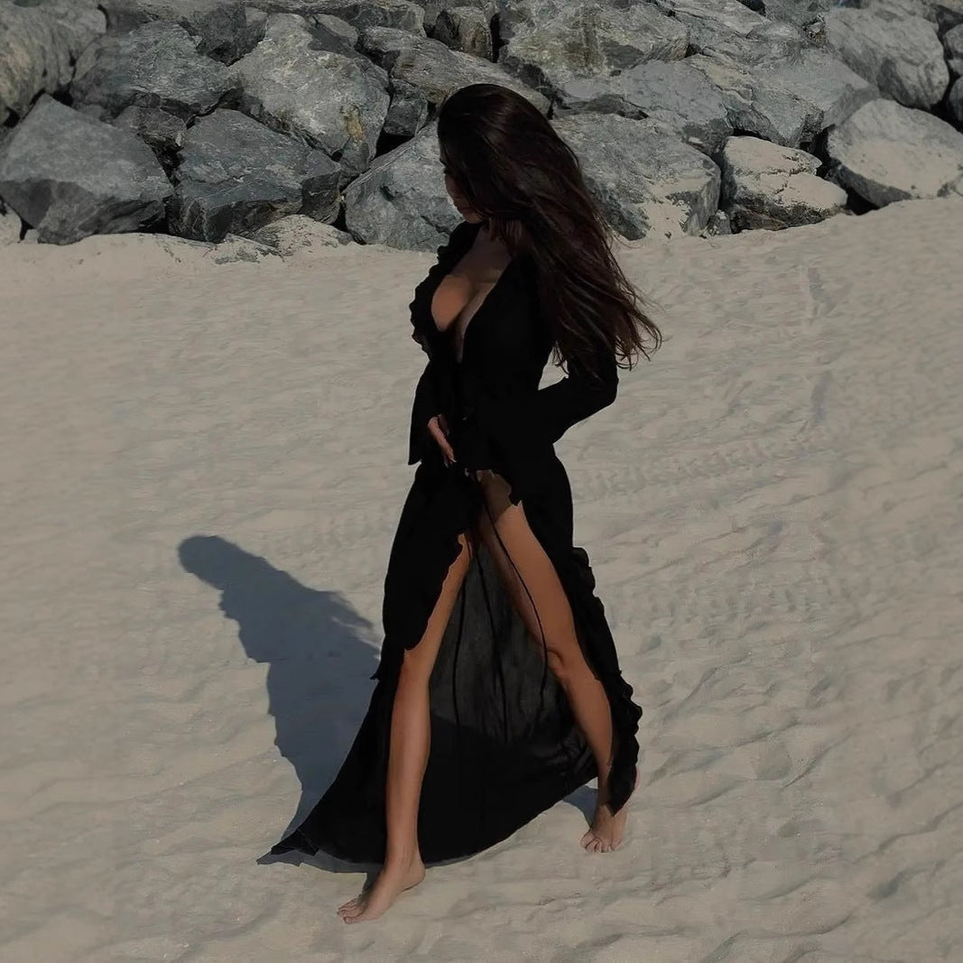 Relaxed Fit Beach Dress with Ruffles and V Neck