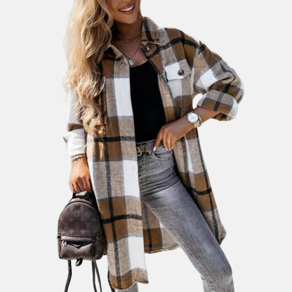 Relaxed Fit Plaid Button Down Women's Shirt Jacket