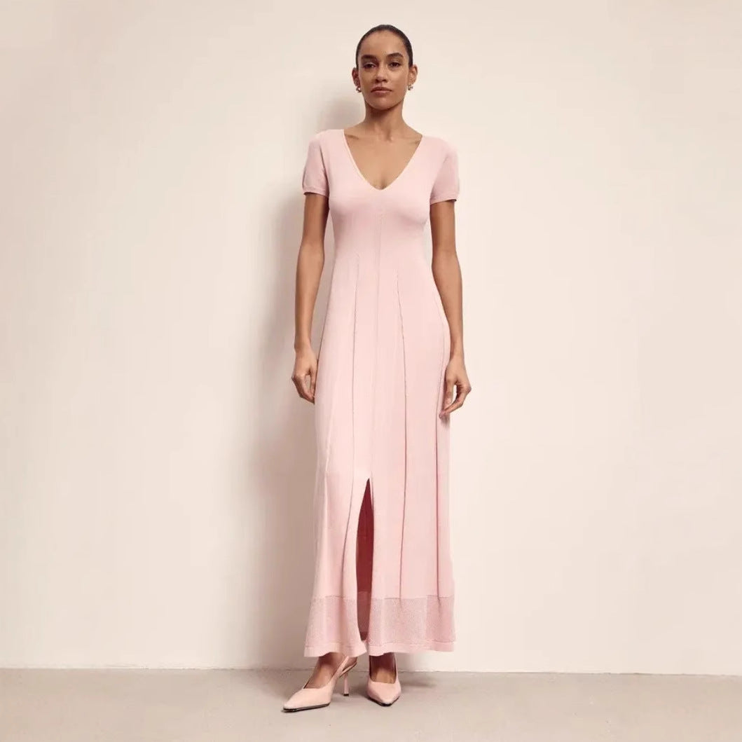 Elegant V Neck Maxi Dress with Short Sleeves - Nocini