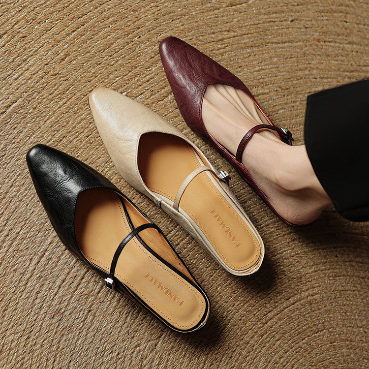 Ladies Slim Pointed-Toe Slip-On Shoes with Buckle Strap
