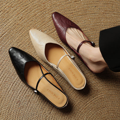 Ladies Slim Pointed-Toe Slip-On Shoes with Buckle Strap