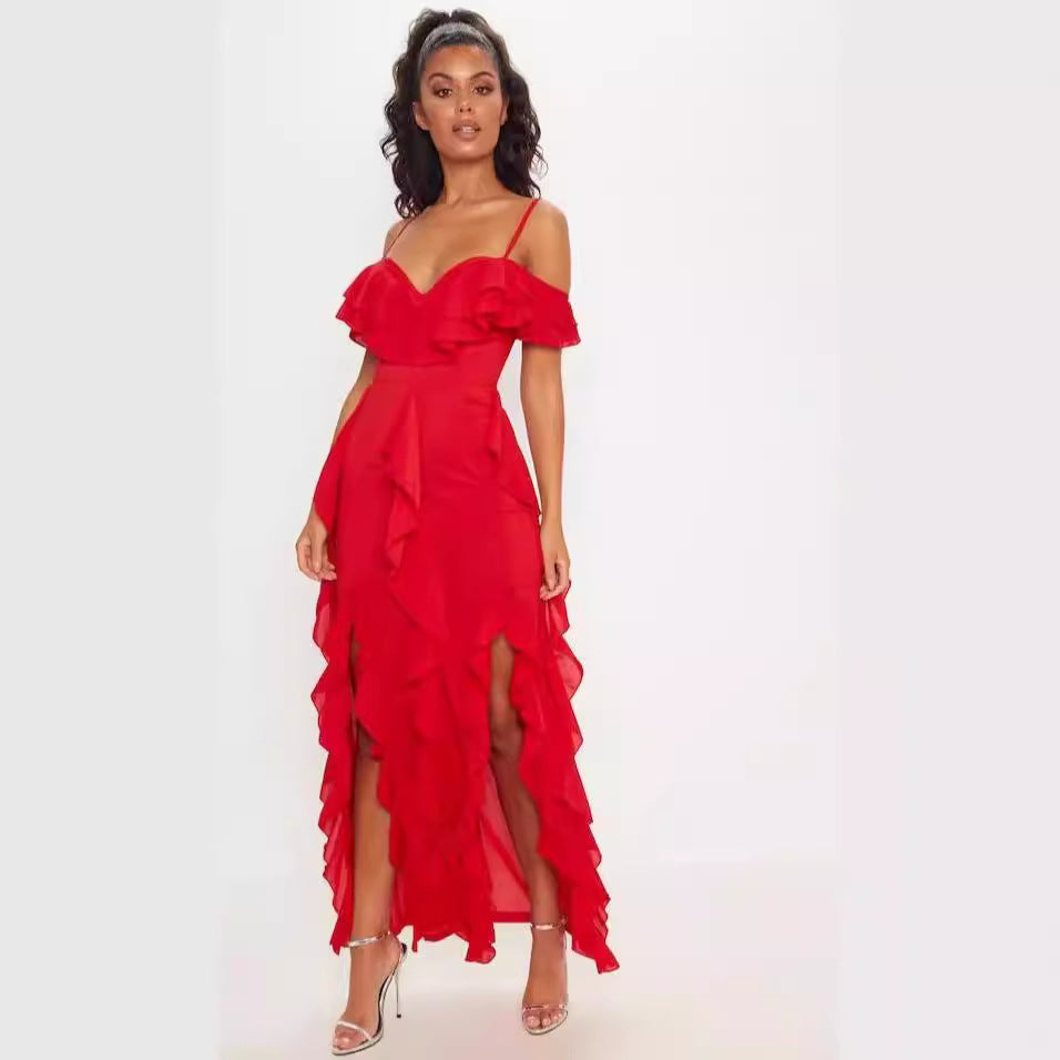 Flowy Long Sleeve Off Shoulder Chiffon Dress - Nocini
