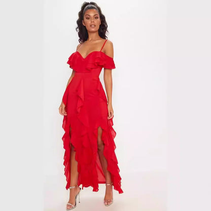 Flowy Long Sleeve Off Shoulder Chiffon Dress - Nocini