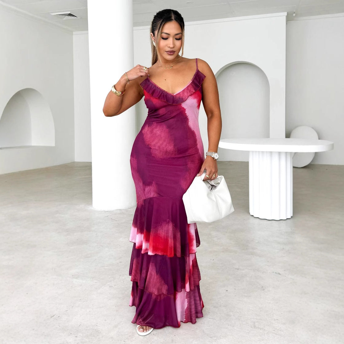 Elegant Long Maxi Dress with Thin Straps and Ruffles