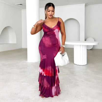 Elegant Long Maxi Dress with Thin Straps and Ruffles