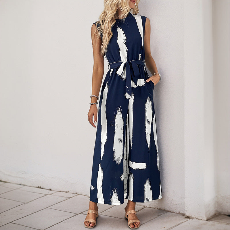 Women's Summer Jumpsuit with V Neck and Flowy Pants - Nocini