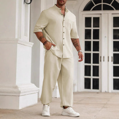 Casual Men's Cotton Linen Short Sleeve Shirt Pant Set