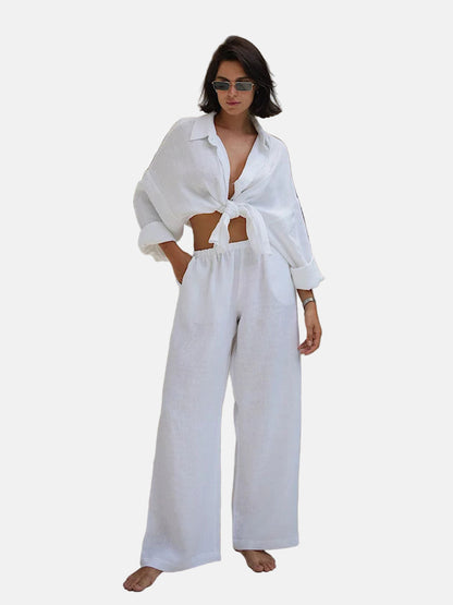 Relaxed Fit Linen Long Sleeve Shirt and Pants Set