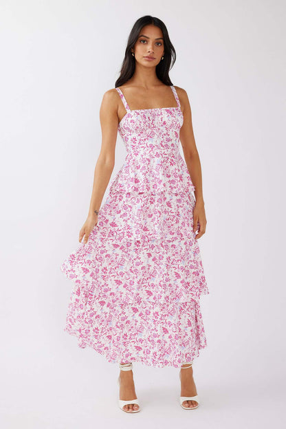 Feminine Floral Midi Dress with Ruffle Skirt