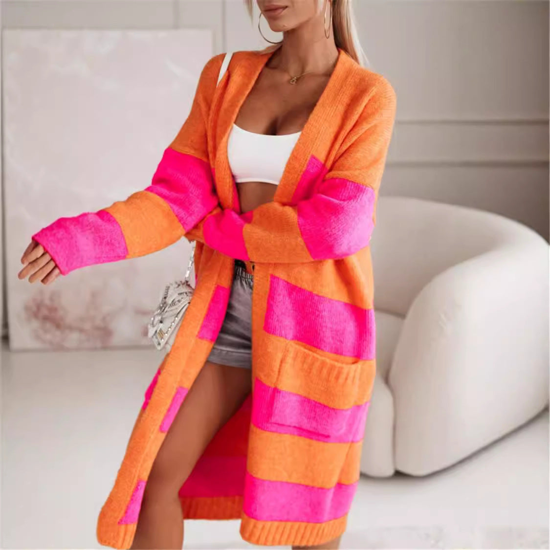 Cozy Women's Striped Open Front Cardigan Sweater