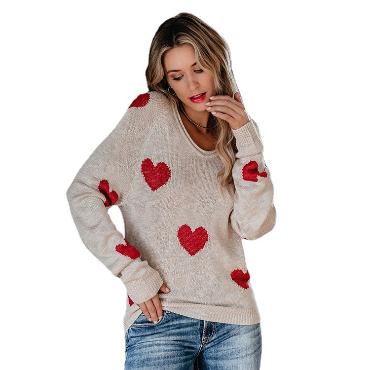 Cozy Heart Pattern Crew Neck Sweater