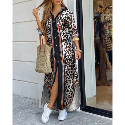 Ladies Long Button Front Dress - Floral Print - Casual Style