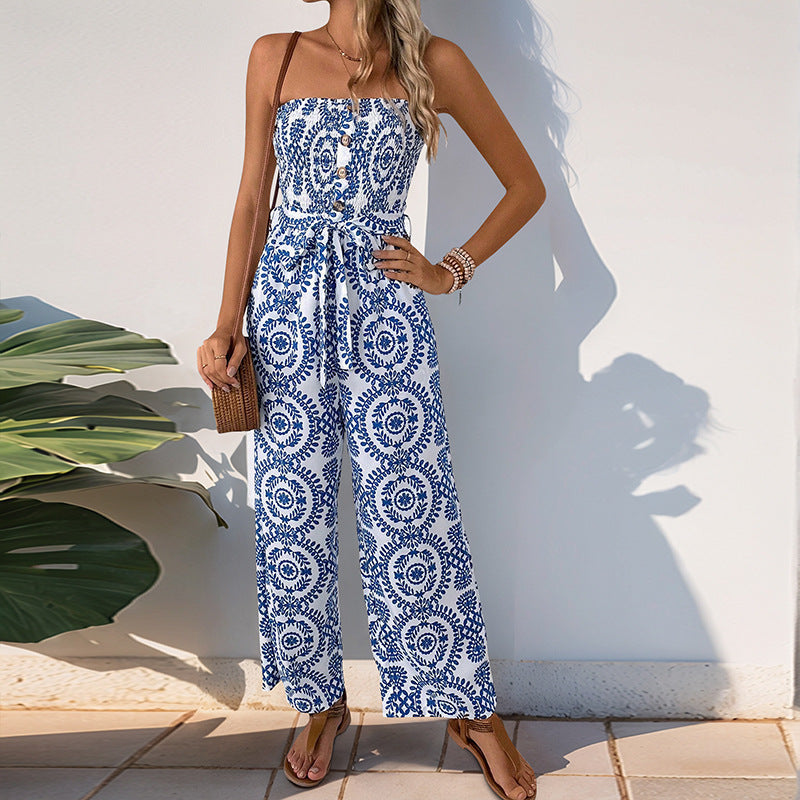 Women's Strapless Jumpsuit with Wide Legs and Elastic Waist - Nocini