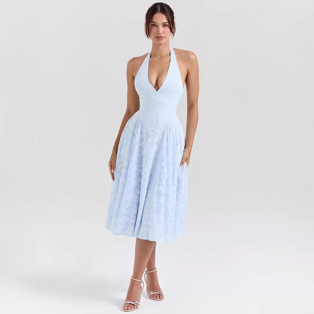 Fitted Women's V Neck Satin Midi Dress - Nocini
