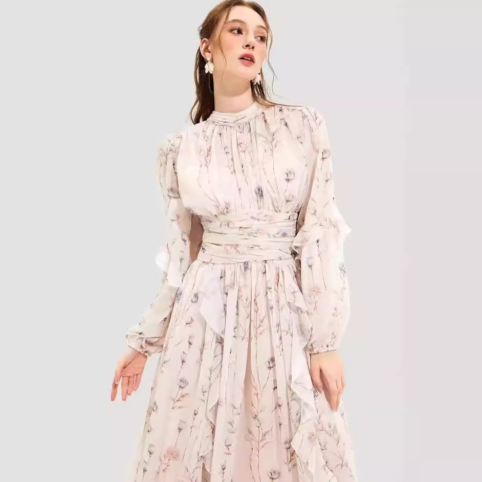 Pretty Printed Maxi Evening Dress with Ruffles - Nocini