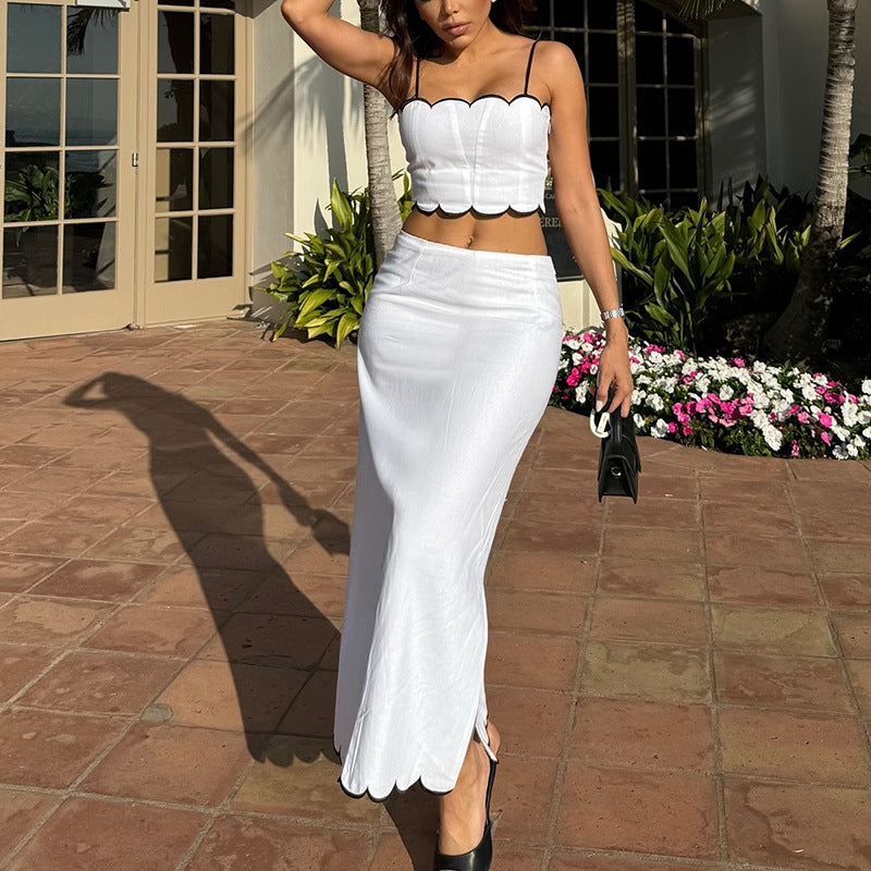 Women's 2 Piece Outfit - Fitted Crop Top - Flared Midi Skirt
