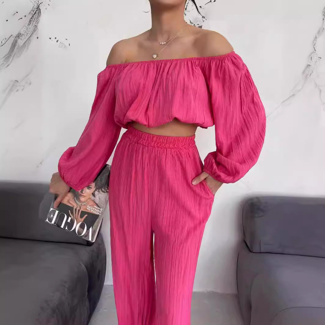 Ladies' Set - Cold Shoulder Cropped Top with High Waist Pants