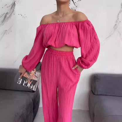 Ladies' Set - Cold Shoulder Cropped Top with High Waist Pants