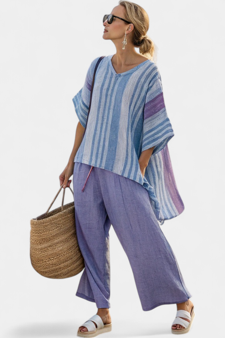 Beautiful Pastel Purple & Blue Blouse & Linen Trousers