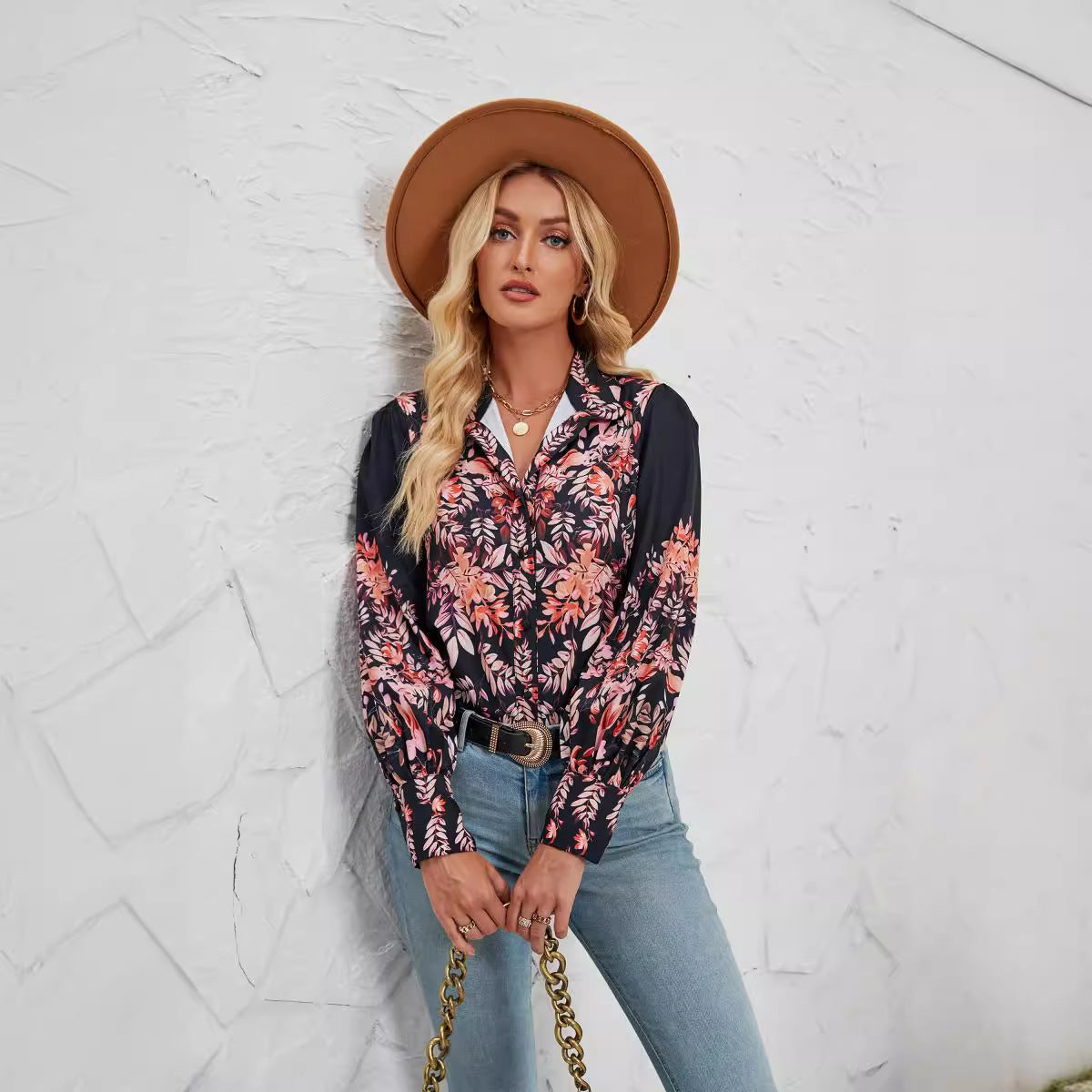 Casual Floral Women's Blouse Long Sleeve Button Top - Nocini