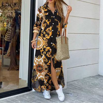 Ladies Long Button Front Dress - Floral Print - Casual Style - Nocini