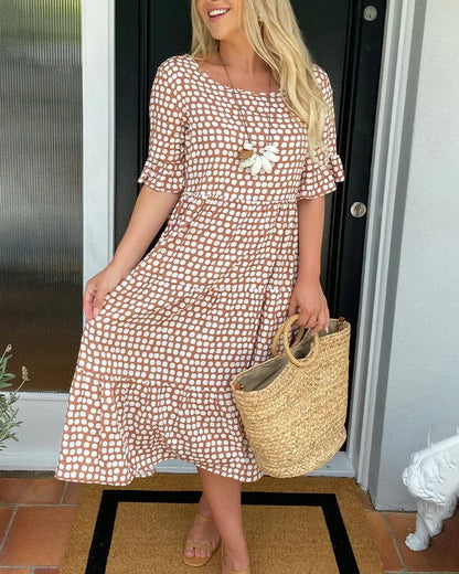 Floral Midi Dress with Ruffles and Round Neckline - Nocini