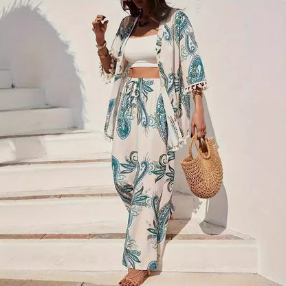 Women's Lounge Set - Comfortable Pants - Open Front Cardigan - Floral Print - Nocini