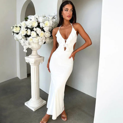 Long Sleeve Maxi Dress with V Neck and Ruffles