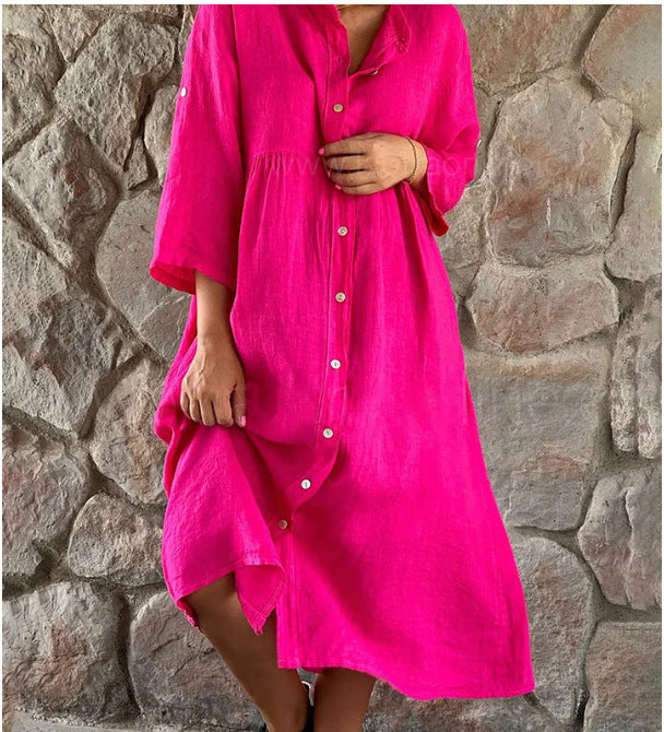 Comfy Women's Button Front Midi Dress with 3/4 Sleeves