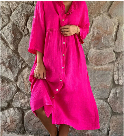 Comfy Women's Button Front Midi Dress with 3/4 Sleeves