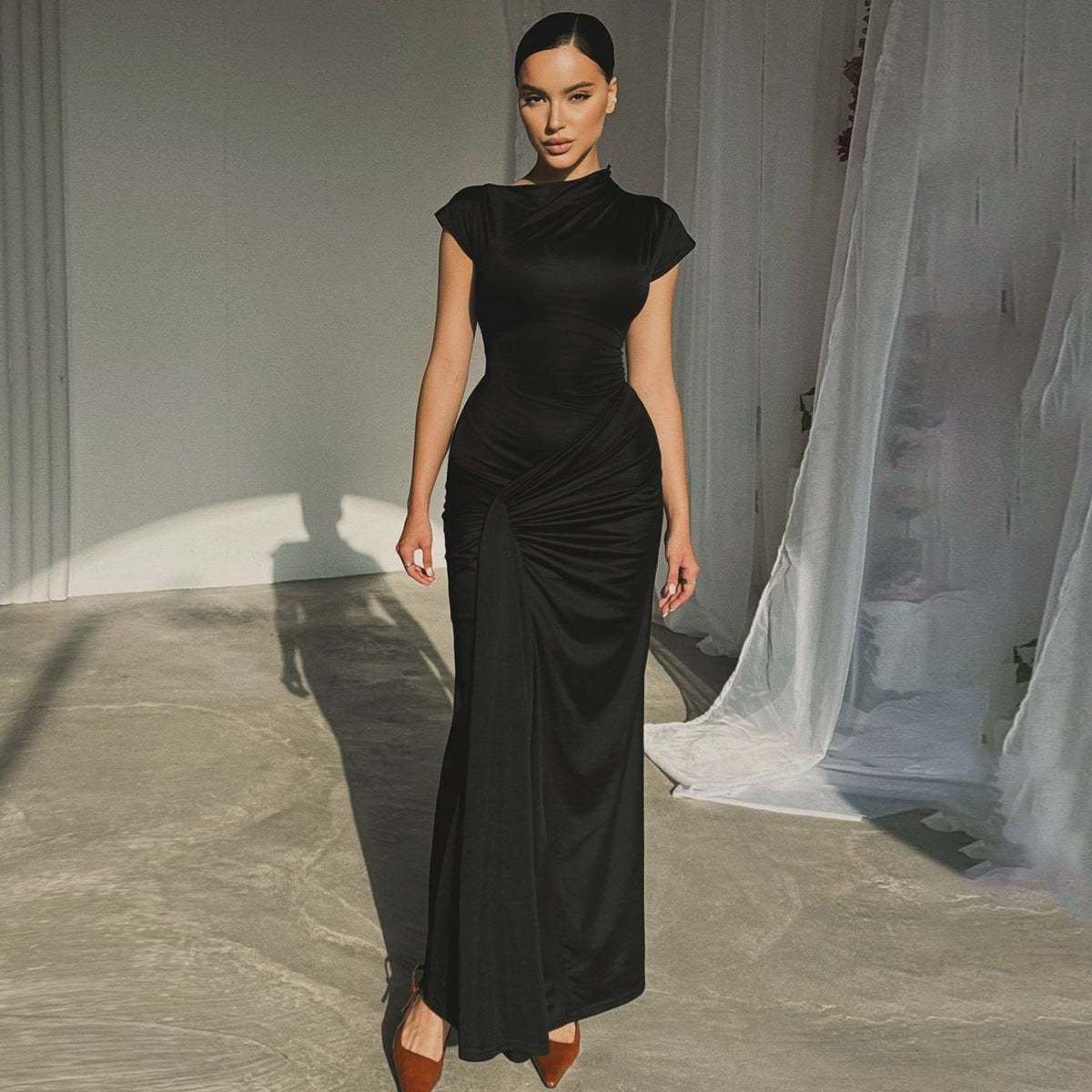 Women's Classic Maxi Dress with Flared Waist and Cap Sleeves