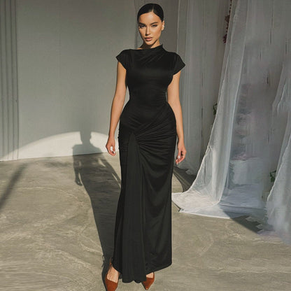 Women's Classic Maxi Dress with Flared Waist and Cap Sleeves
