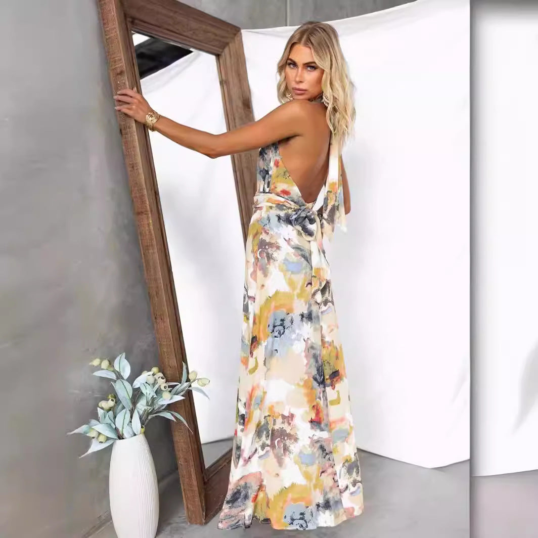 Floral V Neck Summer Dress with Tie Back Detail - Nocini
