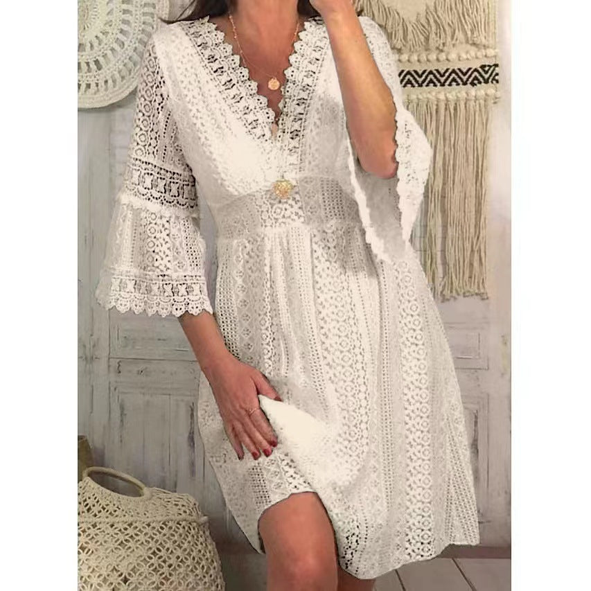 Chic Lace V-Neck Knee Length Dress for Women
