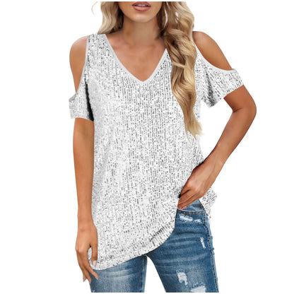 Casual V Neck Short Sleeve Sequin Women's Top - Nocini