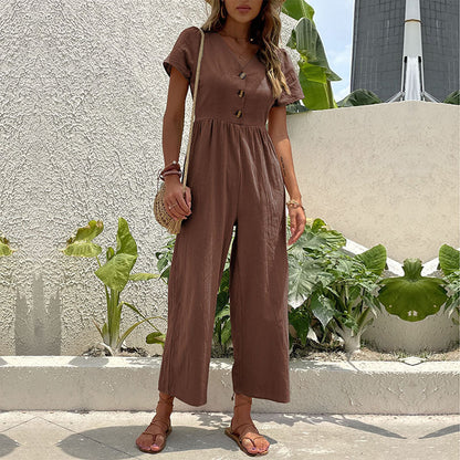 Ladies Linen Pantsuit - Casual Fit - Short Sleeve