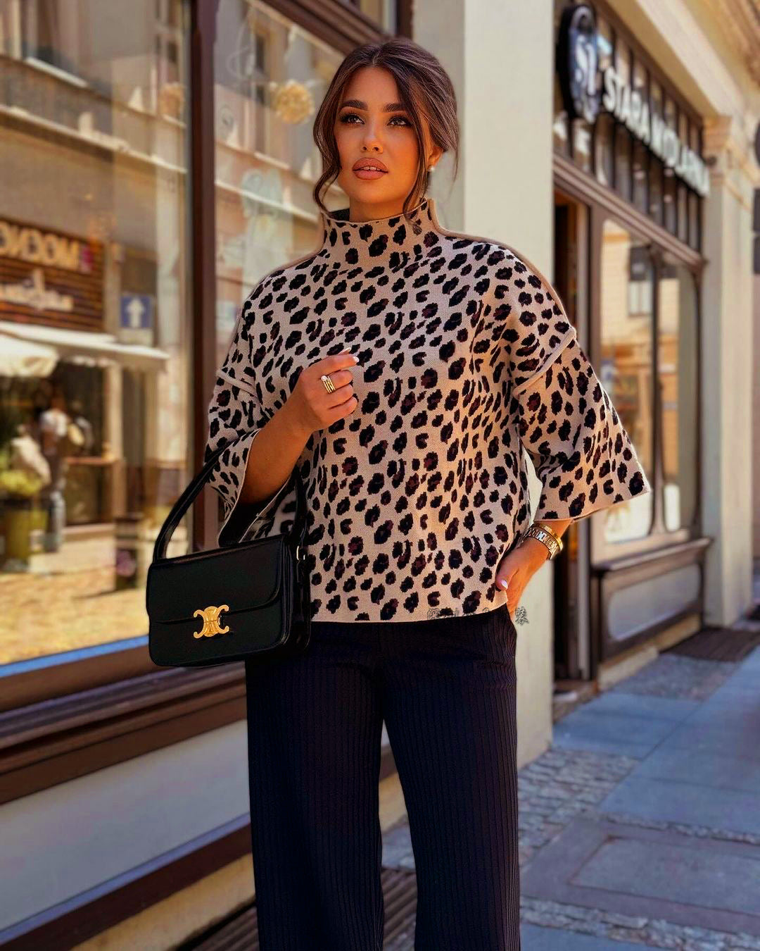 Cozy Women's Leopard Print High Neck Sweater