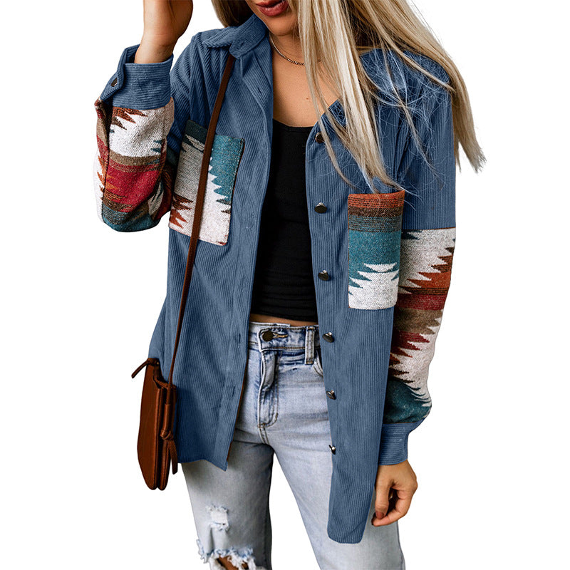 Casual Corduroy Aztec Cardigan Jacket for Women