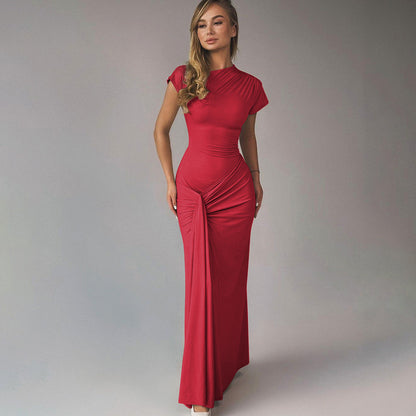 Women's Classic Maxi Dress with Flared Waist and Cap Sleeves