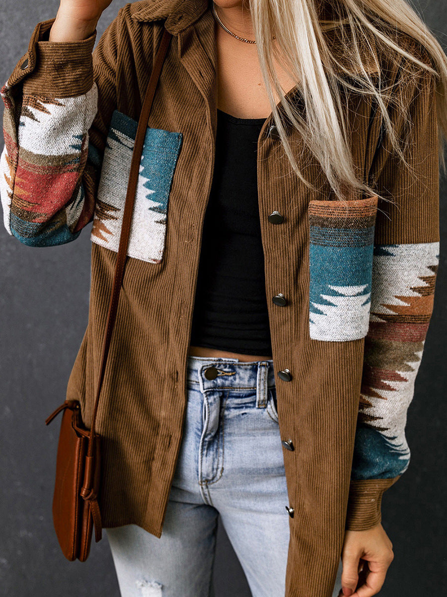 Casual Corduroy Aztec Cardigan Jacket for Women - Nocini
