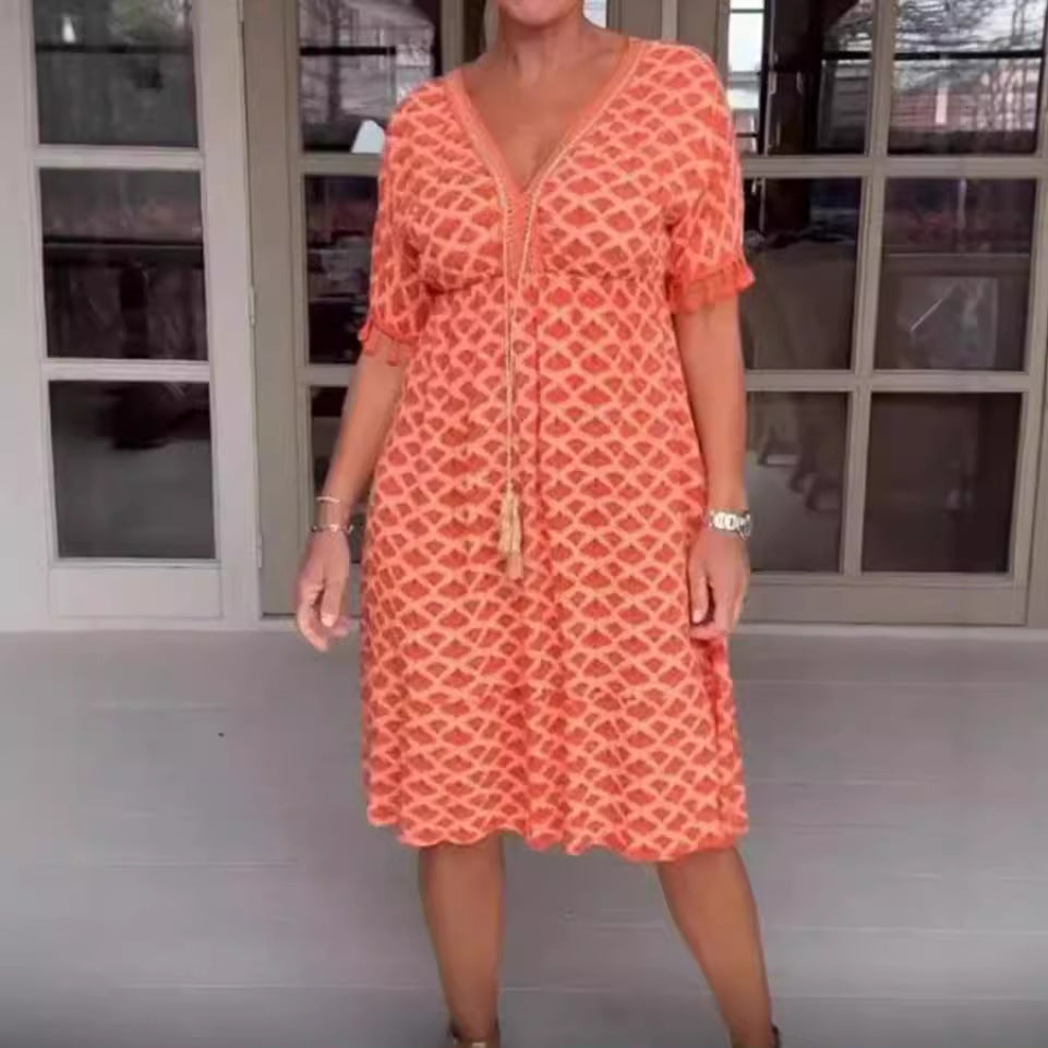 Casual V Neck Midi Dress with Tassels and Short Sleeves