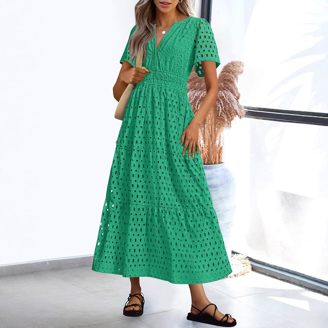 Flowy V Neck Lace Maxi Dress for Women - Nocini