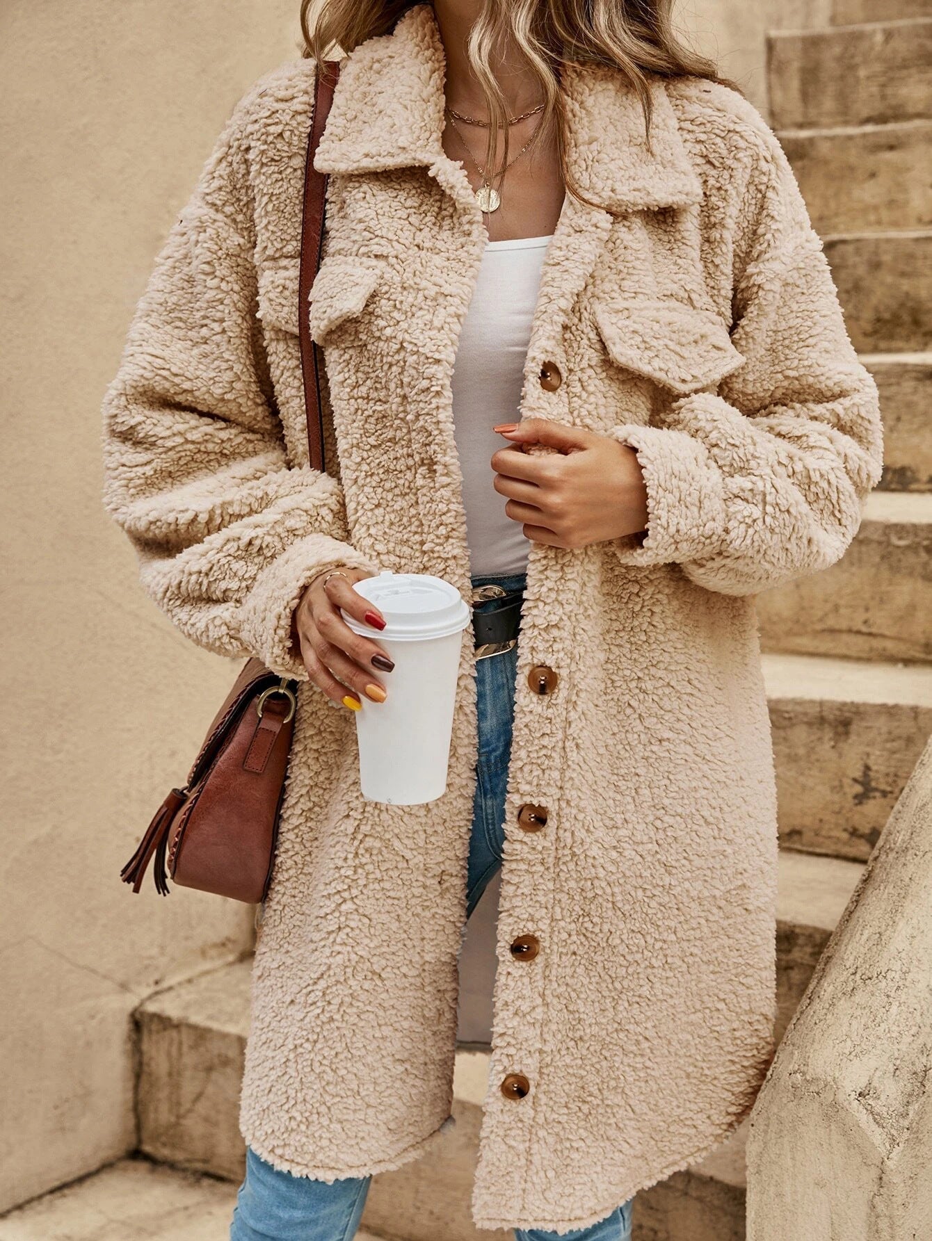 Warm Women's Sherpa Coat with Pockets - Nocini
