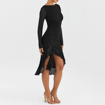 Elegant Ladies Evening Gown with Sheer Sleeves and Ruffles