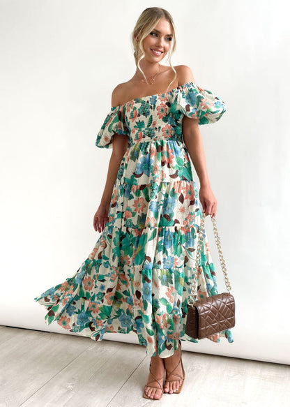 Loose Fit Off Shoulder Maxi Dress with Flowy Skirt - Nocini