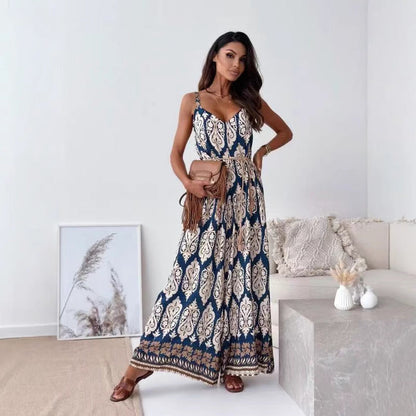 Women's Flowy Wide Leg Jumpsuit with V-Neck Strap