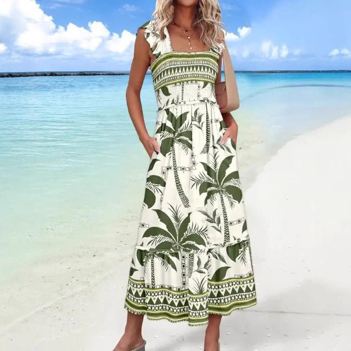 Relaxed Fit Women's Midi Palm Print Cotton Dress - Nocini
