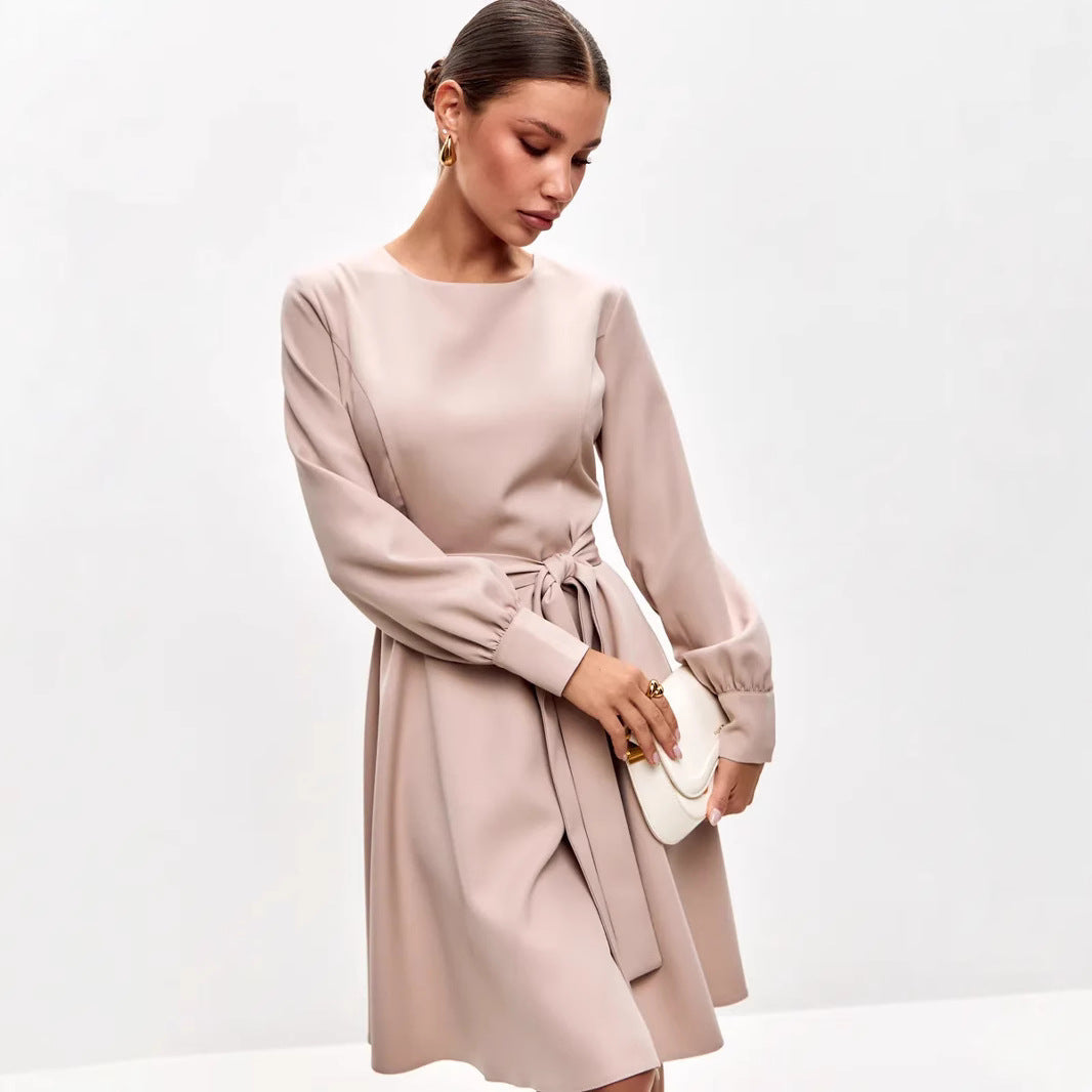 Fitted Ladies Midi Dress with Waist Tie and Long Sleeves