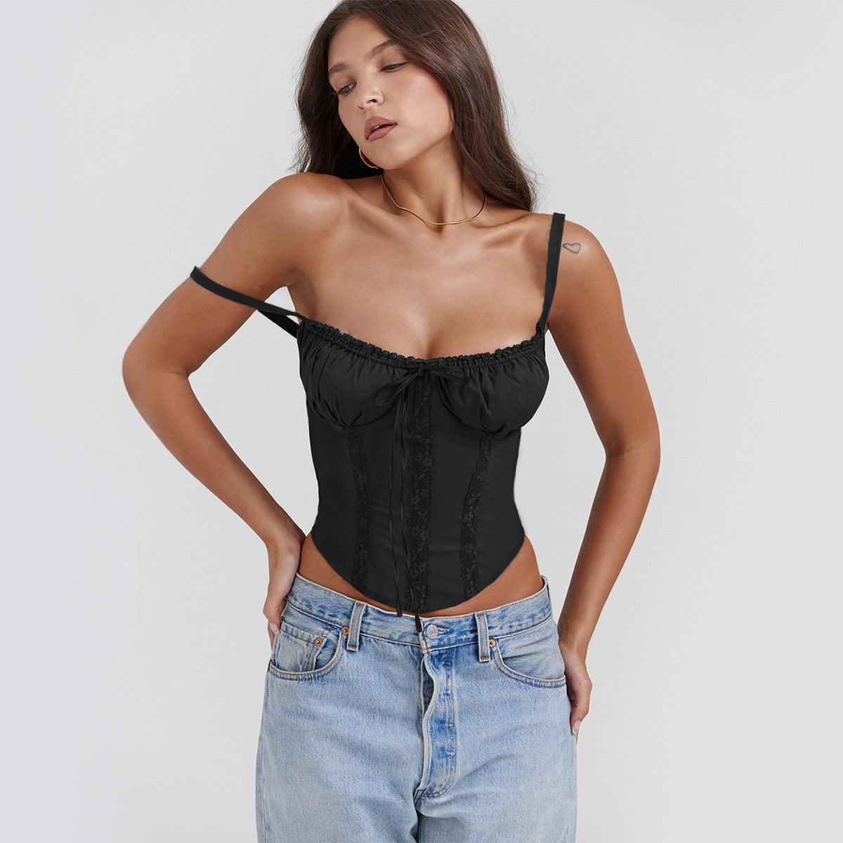 Women's Satin Cami Top with Lace Trim and Thin Straps